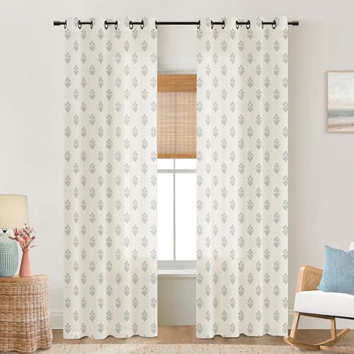 Grey Floral Modern Curtains for Living Room,Cottage Pattern Light Blue Gray Flower Design Sheer Beige White Grand Millenial Boho Shabby Chic Curtains for Bedroom Grandmillennial Decor