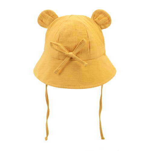 Ugoldhm Baby Toddler Bear Ear Sun Hat, Cotton Breathable Wide Brim Bucket Hat with Chin Strap, UV Protection Cute Summer Cap