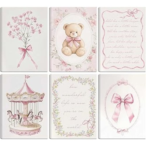 PPJ 6pcs Pink Vintage Baby Girl Nursery Wall Art Prints Cute Carousel Teddy Bear Canvas Wall Decor Paintings Pink Bows Floral Posters Pictures for Little Girl Bedroom Kids Room Decor 12x16inch Framed
