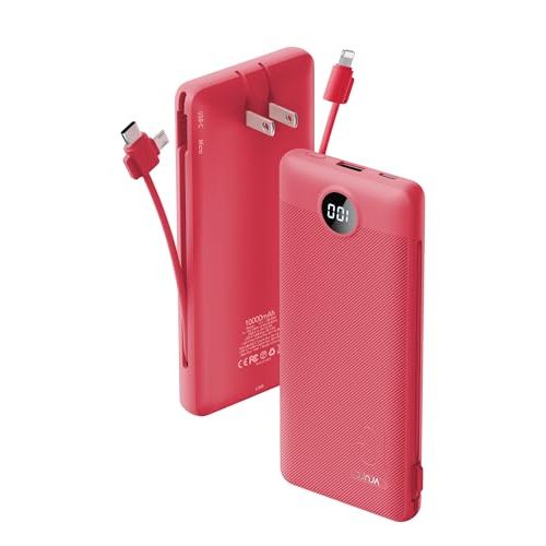Portable Charger Built-in Cables and AC Wall Plug, VRURC USB C Power Bank 10000mAh, Travel Battery Portable Phone Charger Compact Lightweight External Battery Pack for SmartPhones,Tablets-Viva Magenta