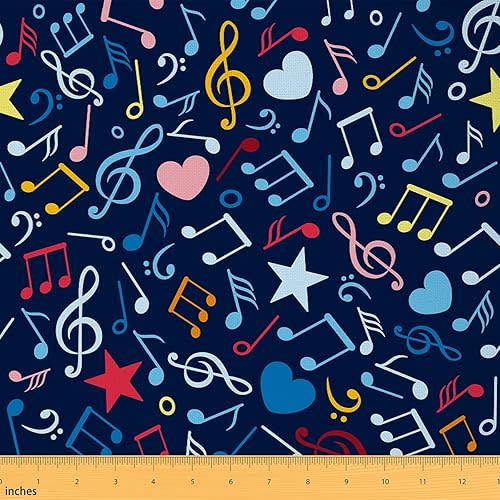 The Yard Musical Notes Upholstery Fabric for Chairs - Rotating Decorative Fabric for Clothing, Quilting, Sewing - Rock Music Grunge Style Hip Hop Graffiti - Blue Red, 1 Yard