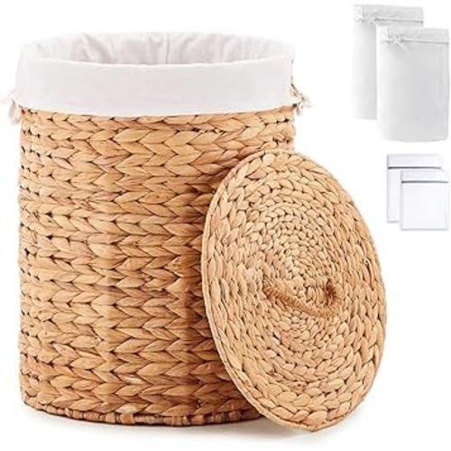 Round Water Hyacinth Laundry Hamper with Lid Handwoven Wicker Basket with Handles for Dirty Clothes, Storage, and Organization, No Assembly Required, 40L