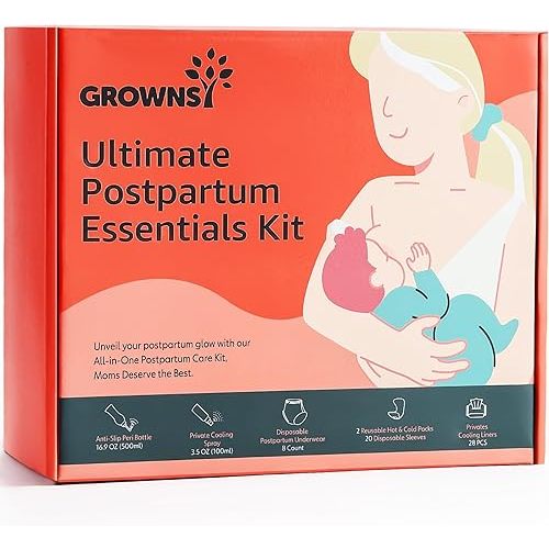 GROWNSY Postpartum Essentials Recovery Kit for Women After Birth, Includes 8 Self-Absorbent Postpartum Disposable Underwear, Peri Bottle, Perineal Spray, 28 Cooling Pad Liners, 2 Post Partum Ice Packs