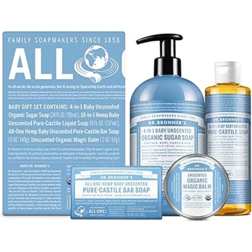 Dr. Bronner's Baby Unscented Gift Set - Pure-Castile Liquid and Bar Soaps, Organic Magic Balm, and 4-in-1 Organic Sugar Pump Soap
