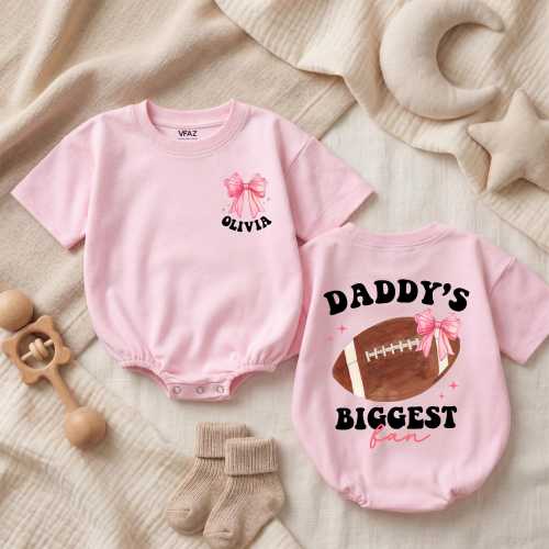 Personalized Daddy's Biggest Fan Baby Romper, Custom Name Football Baby Bodysuit, Pink Bow Gameday Newborn Outfit, Girly Football Clothes