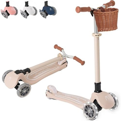 MomnLittle Kick Scooter for Kids Ages 3-10 (Beige/Pink/Navy/White) 3 Wheeled with LED Light-Up Wheels CPSC Certified Foldable and 4 Height Adjustable Toddler Scooters for Boys Girls