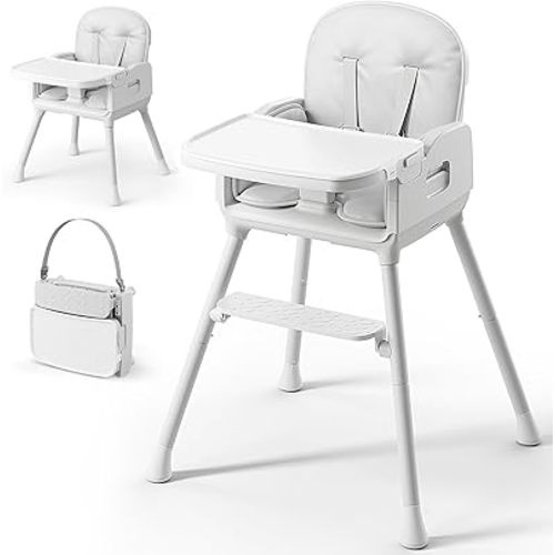 3-in-1 Portable Baby High Chair for Babies and Toddlers, Convertible Easy Clean Infant Foldable Highchair with Adjustable Legs & Dishwasher Safe Tray, Grey