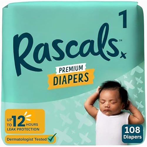 Rascals Premium Diapers, Size 1, 108 Count