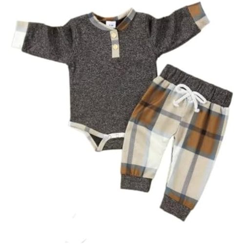 Baby Boy Clothes Infant Toddler Boys Fall Winter Outfit Long Sleeve Plaid Romper + Pants Set 2Pcs