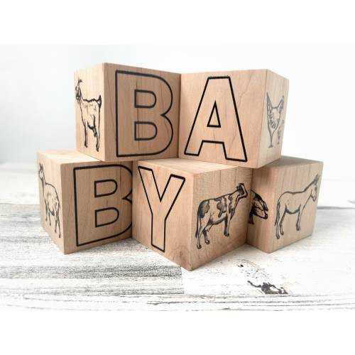 Farm Animal Nursery Baby Blocks - Baby Gift for Boy - Farm Animals include Horse - Pig - Cow - etc - Birth Announcement