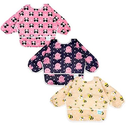 3 Pcs Long Sleeved Bib Set|Baby Waterproof Bibs with Pocket Bundle|Toddler Bib with Sleeves|Stain Resistance Smock 6-24 Month