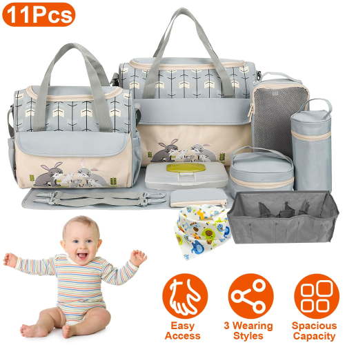 11Pcs Nappy Diaper Bags Mummy Shoulder Bags Multifunctional Diaper Handbags with Food Bag Bottle Bag Diaper Pad Burp Cloth 2 Hook Straps