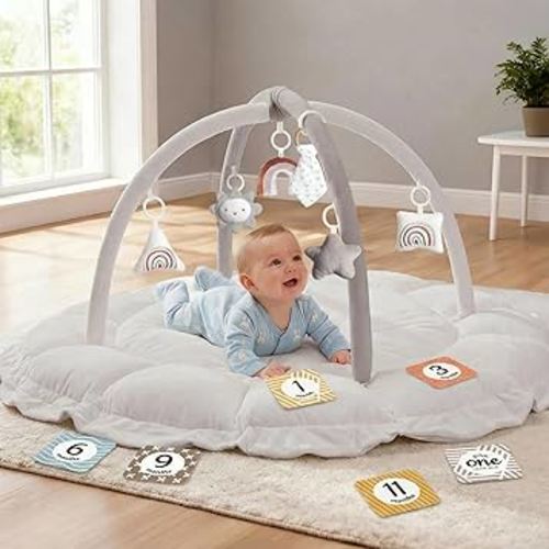 5-in-1 Thick & Plush Baby Play Gym, Baby Play Mats for Floor, Tummy Time Mat with 6 Toys, Convertible Stage-Based Developmental from Babies to Toddlers, Ball Pit, Grey