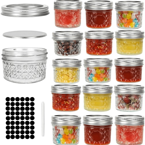 Mini Mason Jars 4oz - 16 Pack, Regular Mouth Mason Jar with Lids and Seal Bands, Small Glass Canning Jar for Spice, Jam, Honey, Jelly, DIY Candles Decor