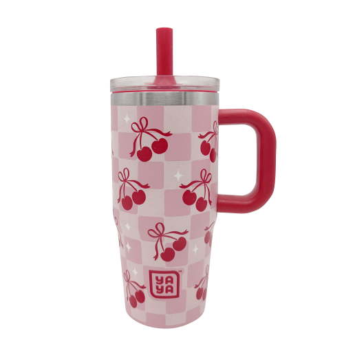 YAYA My First Travel Tumbler for Toddlers 3+ with Reusable Straw and Spill-Safe Lid, 12oz, Checkered Cherry