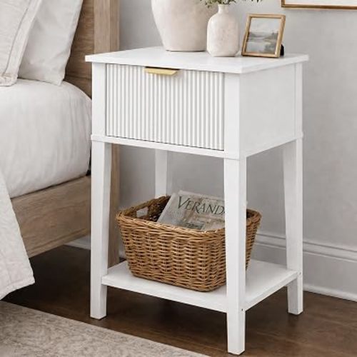 White 15.4" Wide Small Nightstand with Drawer,Open Shelf,Fluted Front