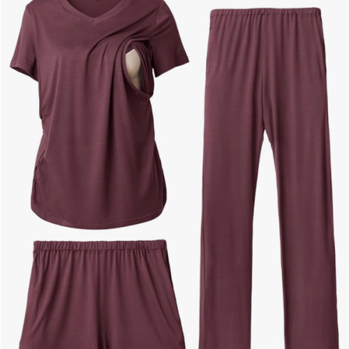 Rnxrbb 3 Piece Women's Maternity Nursing Pajamas Set V Neck Breastfeeding Pjs Sleepwear Postpartum Shorts&Pants Pockets