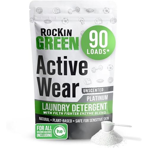 Rockin’ Green Active Wear Laundry Detergent - Unscented Laundry Detergent Powder & Odor Eliminator - Workout Clothes & Sportswear - Safe for Sensitive Skin - 90 Loads