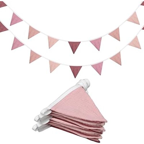 Oudain 15.5 ft Pennant Banner Flags, 2 Pcs Nursery Garland Triangle Bunting Flag Baby Banner for Nursery Decor Baby Shower Birthday Boho Wedding Party Event, Each 7.75 ft (Pink Color)