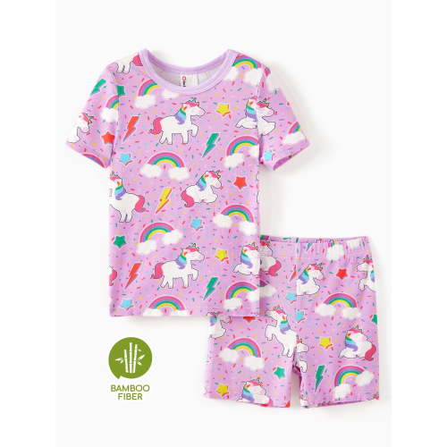 PatPat Toddler Girls Unicorn Pajamas Viscose from Bamboo Kids 2-Piece Pj Set Gifts Short Sleeve Tops Pants Snug Sleepwear Sizes 2T