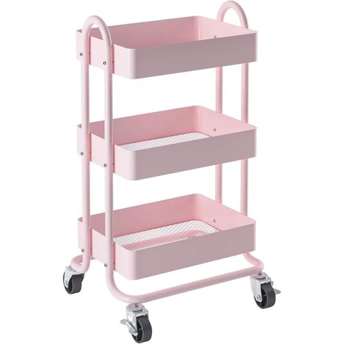 3-Tier Utility Rolling Cart,Kitchen Storage Carts with Wheels,Pink Metal Rolling Cart for Office,Home,Kitchen,Garden（13.4"x18.1"x31"） Pink