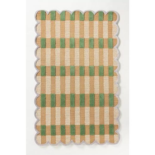 Hand-Tufted Wool Area Rug with Scalloped Edges, Beige and Green Plaid Pattern, Cozy and Soft Accent Rug for Living Room, Bedroom, and Nursery, Handmade Decorative Rug, 5x7 Ft