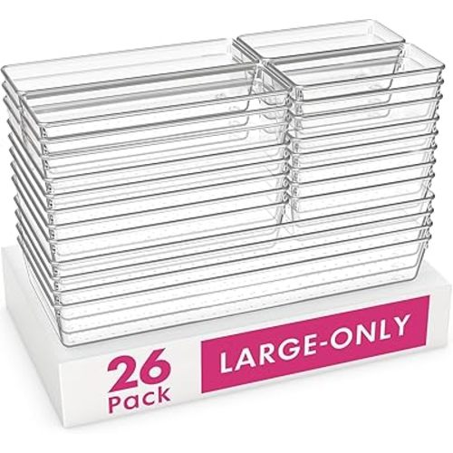 Criusia 26 Pack Large Clear Plastic Drawer Organizer Bins -5 Size Heavy Duty Acrylic Kitchen Drawer Organizers and Storage for Utensils -Bathroom Drawer Organizer Trays for Makeup Office Organization