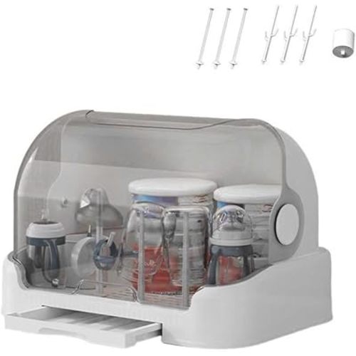 2025 Large Baby Bottle Organizer with Cover ＆ Removable Drain Tray, Dustproof Portable Baby Bottle Drying Rack Reusable Bottle Rack Holder Storage,Maintain Cleanliness Hygiene (White)