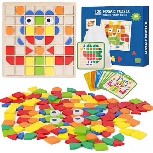 Wooden Pattern Blocks Set 120 Pcs Geometric Shapes Puzzle Classic Montessori Educational Tangram Toys with 24 Design Cards for 4-8 Year Old Kids