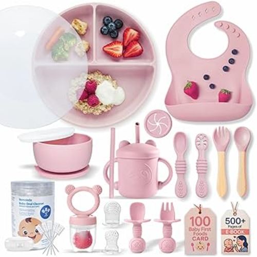 Remonda 23-Piece BPA-Free Silicone Baby Feeding Set | Extra Large Suction Plates, Toddler Bowls, Self Feeding Spoons, and More | Dishwasher Safe| Baby Led Weaning Supplies (Pink) A1