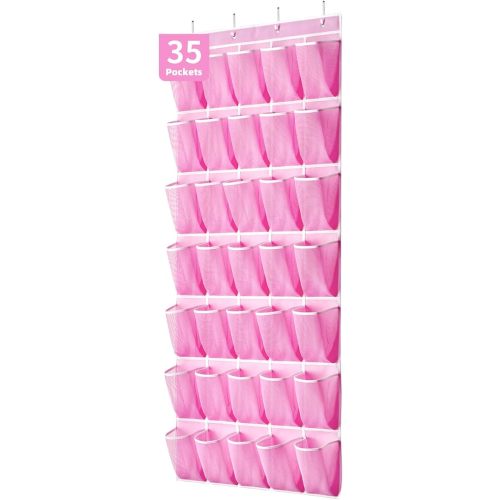 35 Pockets Over the Door Shoe Organizer, Hanging Shoe Organizer for Door with 35 Mesh Pockets Large Capacity Shoe Hanging Storage Bag with 4 Metal Hooks (Pink-1Pack)