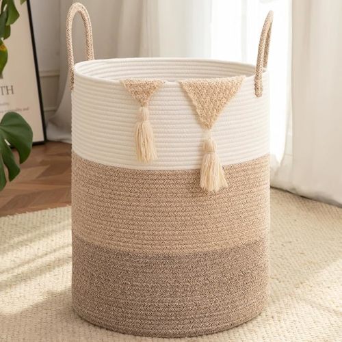 OIAHOMY Large Laundry Basket Hamper - 60L Cotton Rope Woven Basket for Blankets, Toys, Clothes - Tall Decorative Nursery Hamper with Long Handles, Gradient Brown