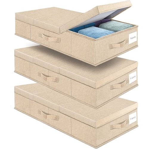 Underbed Storage Containers 3 Pack, Large Under Bed Storage Bins with Lids, Foldable Sturdy Under the Bed Storage Drawer for Organizing Clothes, Shoes, Blankets, Pillows-Khaki