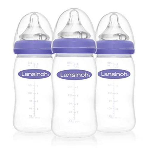 Lansinoh Baby Bottles for Breastfeeding Babies, 8 Ounces, 3 Count, Includes 3 Medium Flow Nipples (Size 3M) - 8 Ounce, 3 Count