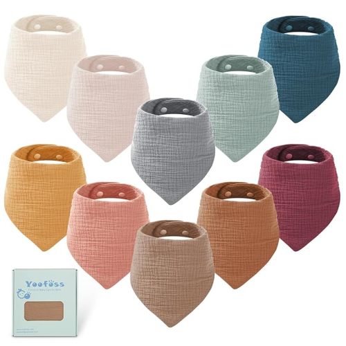 Yoofoss Muslin Baby Bibs 10 Pack 100% Organic Cotton 6-Layer Soft Absorbent Drool Bandana Baby Bibs for Drooling and Teething for Boys and Girls,Classic Mixed