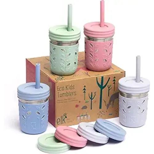 Elk and Friends 10oz Stainless Steel Kids + Toddler Drinking Cups | The Original Mason Jar with Sleeves + Lids | Silicone Straws | Smoothies | Storage Jar | Spill Resistant | Dishwasher Safe | 4 Pack