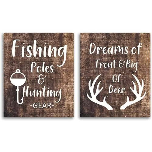 Set of 2 Wood Sign Dreams of Trout and Big Ol Deer, Fishing Poles and Hunting Gear Nursery Hunting Decor for Baby Boy Girl Kids Room Bedroom Bathroom Classroom Decor Sign Fishermen Hunter Gift 12x12