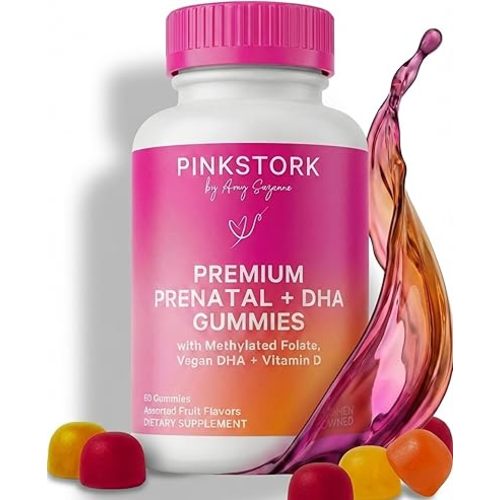 Pink Stork Premium Prenatal Gummy Vitamins with DHA, Folate, and Vitamin D - Multivitamin for Neural Tube and Fetal Brain Development - 60 Vegan Gummies for Morning Sickness Support