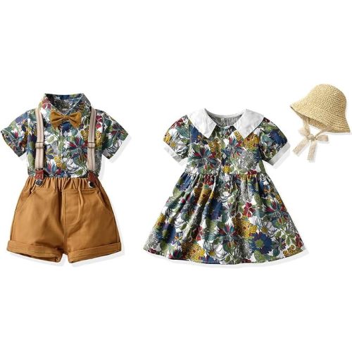 Summer Brother and Sister Matching Outfits Toddler Boys Gentleman Suits Infant Girls Dresses
