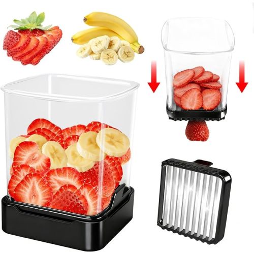 Fruit Slicer Cup for Strawberry, Banana, Hard-Boiled Egg - Detachable Cutter with Push Plate - 304 Stainless Steel Blade - Rapid & Safe Slicing Kitchen Gadget for Quick Meal Prep (Black)