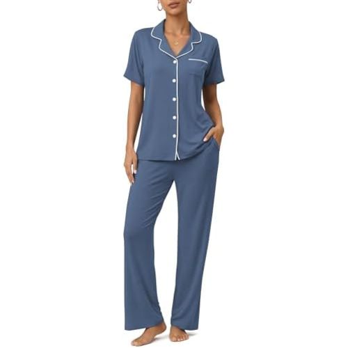 Womens Pajamas Sets 2 Piece Button Up Pj Sets Short Sleeve with Long Pant