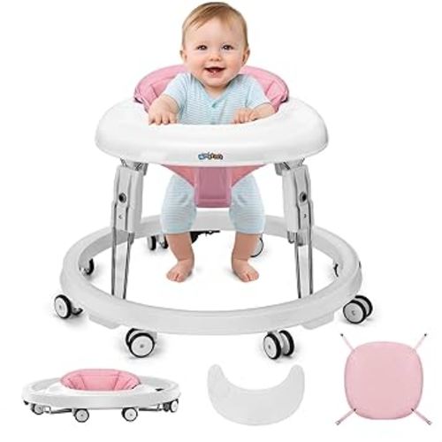 Baby Walker with Wheels, One-Touch Folding Portable Baby Walkers with Height Adjustment, Large Dinner Plate and Brake, Walker for Baby Boy Girls 6-18 Months, Pink