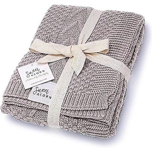 Sweet Acorn Knit Baby Blanket in Cable Pattern, Organic Cotton Blankets for Crib or Stroller, Receiving Blankets - Fog Grey