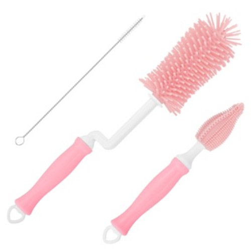 Unique Bargains Silicone 360 Rotation Curved Handle Bottle Cleaning Brush Pink
