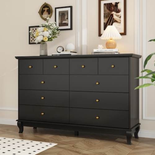 FUFU&GAGA Contemporary Black Double Dresser with 10 Drawers, Spacious Top for Decor, Smooth Metal Slide Rails, Composite Material LJY-KF330034-02 at Lowes.com