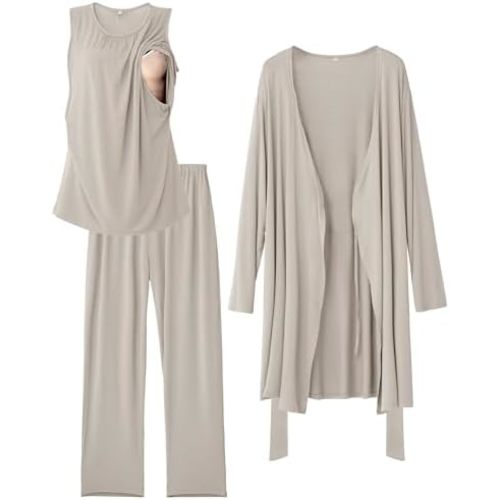 Rnxrbb Nursing Pajamas Gown Set for Women Breastfeeding Postpartum Pajama Maternity Pj for Hospital 3 PCS