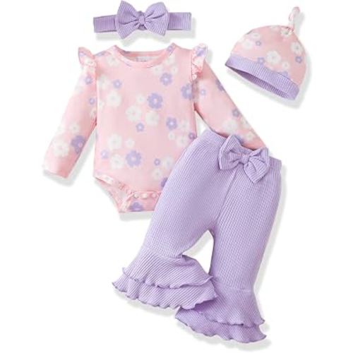 Renotemy Newborn Baby Girl Clothes Fall Winter Outfits Preemie-12Months | Preemie Baby Clothes Girl,Newborn Coming Home Outfit Essentials Gifts,Snap Button Design Infant Romper,Bell Bottoms Pant Sets