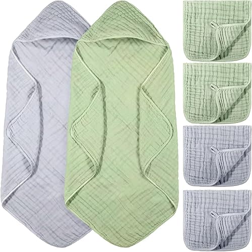 6 Pcs Baby Muslin Hooded Bath Towels and Washcloths, 32 x 32 Inch Muslin Cotton Hooded Baby Towels Absorbent Blankets for Gift Newborn Infant Shower(Light Blue, Light Green)