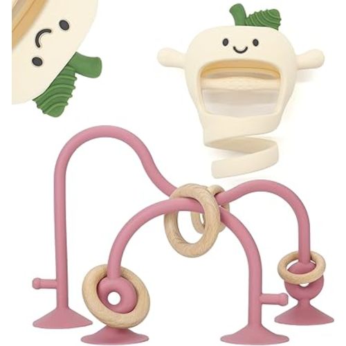 Baby High Chair Suction Toys Teething Chew - Silicone Apple Teething Relief Toys Silicone Teethers Table Toys, Food Grade Silicon for 6 12 18 Months(Beige)