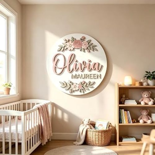 Letrero de madera floral personalizado con nombre para guardería, letrero redondo personalizado con nombre de bebé, decoración de pared personalizada para el cuarto de bebé, placa de madera